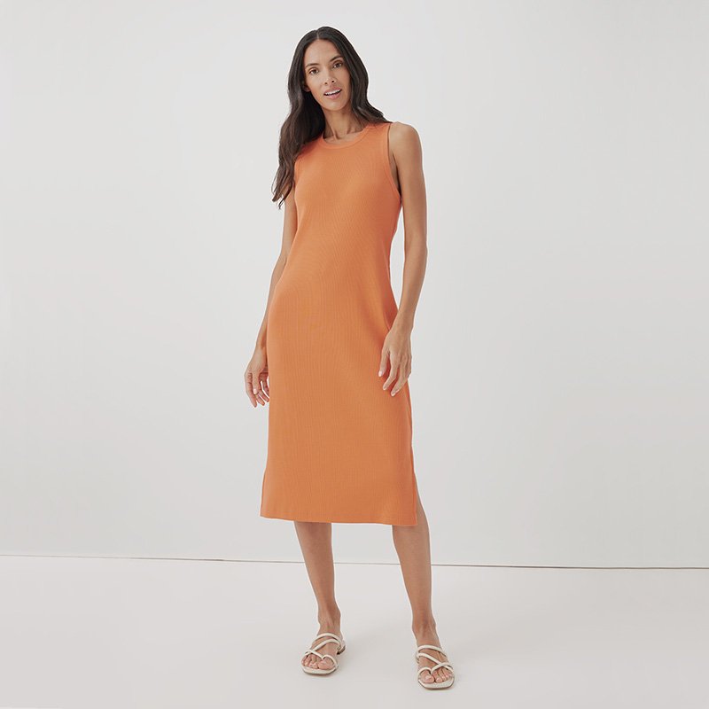 Custom Made Women's Crewneck Sleeveless Bamboo Tank Bodycon Ribbed Knit Side Sit Knee Length Pencil Bamboo Viscose Midi Dresses
