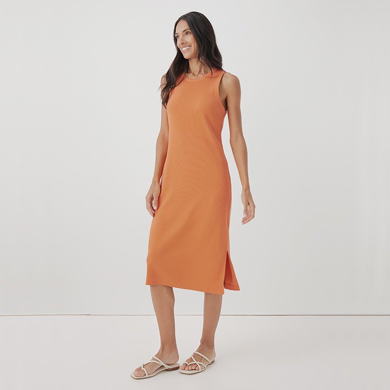 Custom Made Women's Crewneck Sleeveless Bamboo Tank Bodycon Ribbed Knit Side Sit Knee Length Pencil Bamboo Viscose Midi Dresses