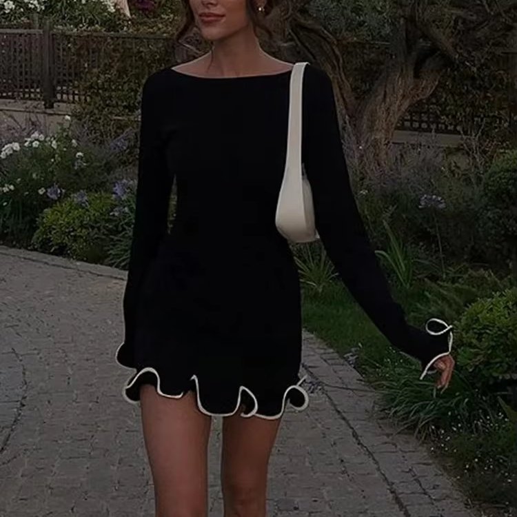Fall Elegant Y2K Streetwear Evening Casual Dress Manufacturer O Neck Ribbed Knit Long Sleeve Ruffles Mini Dress