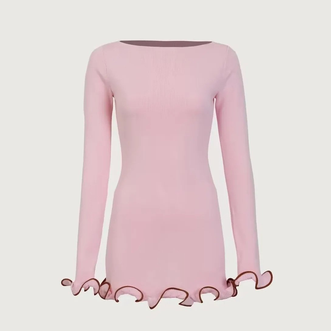Fall Elegant Y2K Streetwear Evening Casual Dress Manufacturer O Neck Ribbed Knit Long Sleeve Ruffles Mini Dress