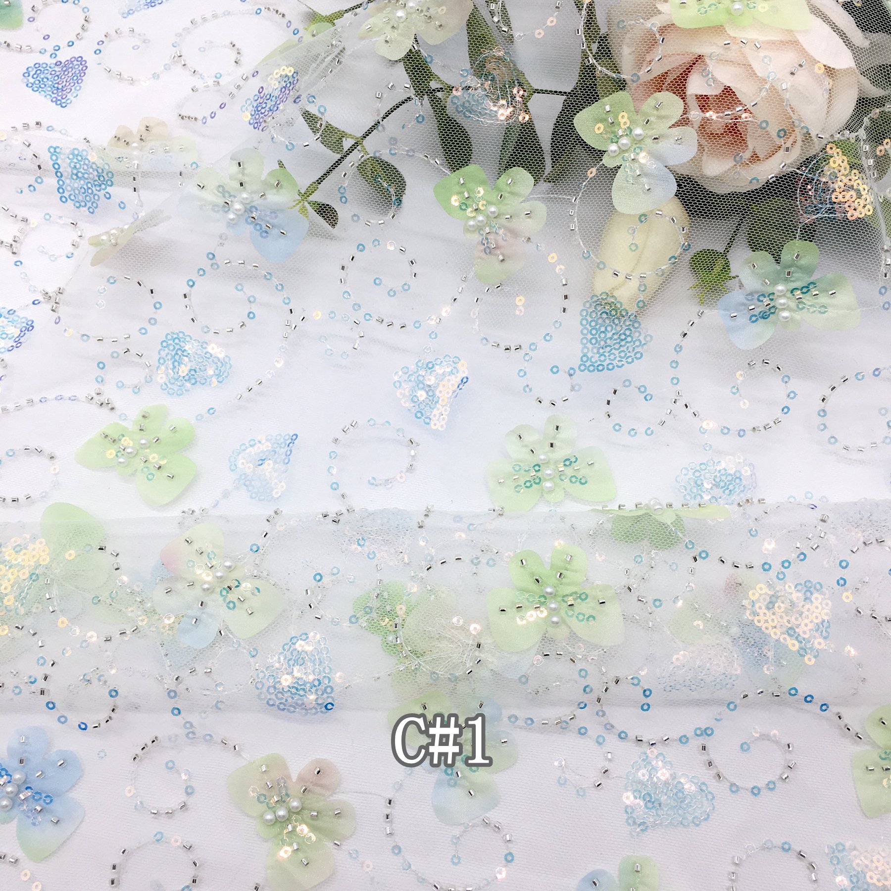 Golden Supplier CR163 Laser Cut Flower Embroidery Tulle 3d Lace Fabric Soft Lace Sequin beaded Embroidery Fabric for Garments