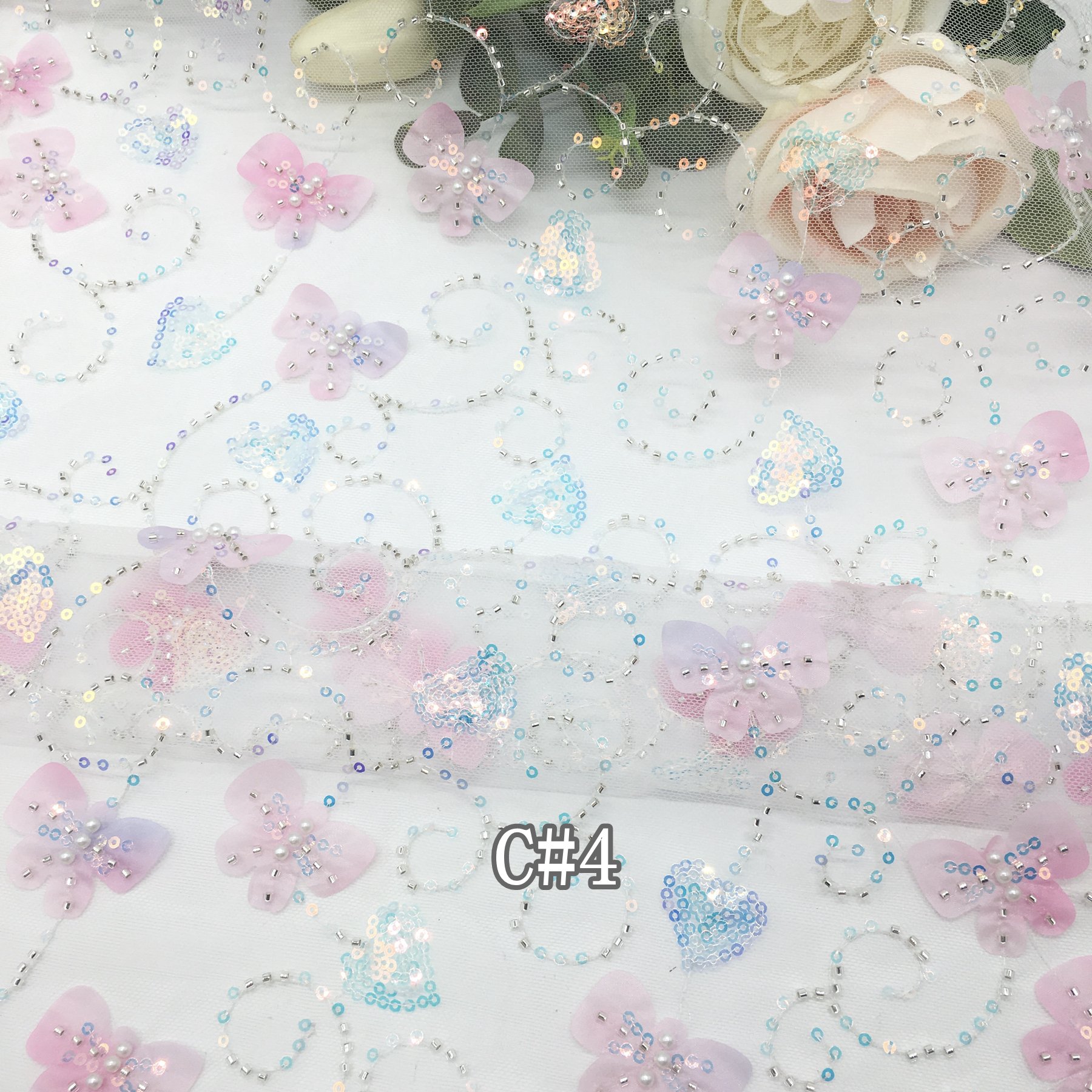 Golden Supplier CR163 Laser Cut Flower Embroidery Tulle 3d Lace Fabric Soft Lace Sequin beaded Embroidery Fabric for Garments