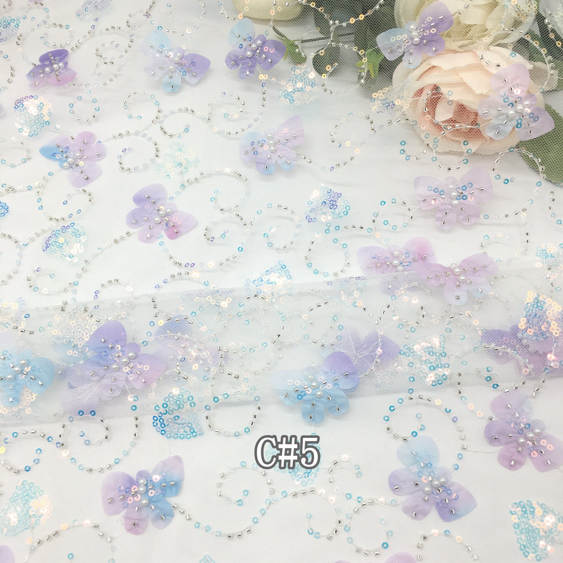 Golden Supplier CR163 Laser Cut Flower Embroidery Tulle 3d Lace Fabric Soft Lace Sequin beaded Embroidery Fabric for Garments