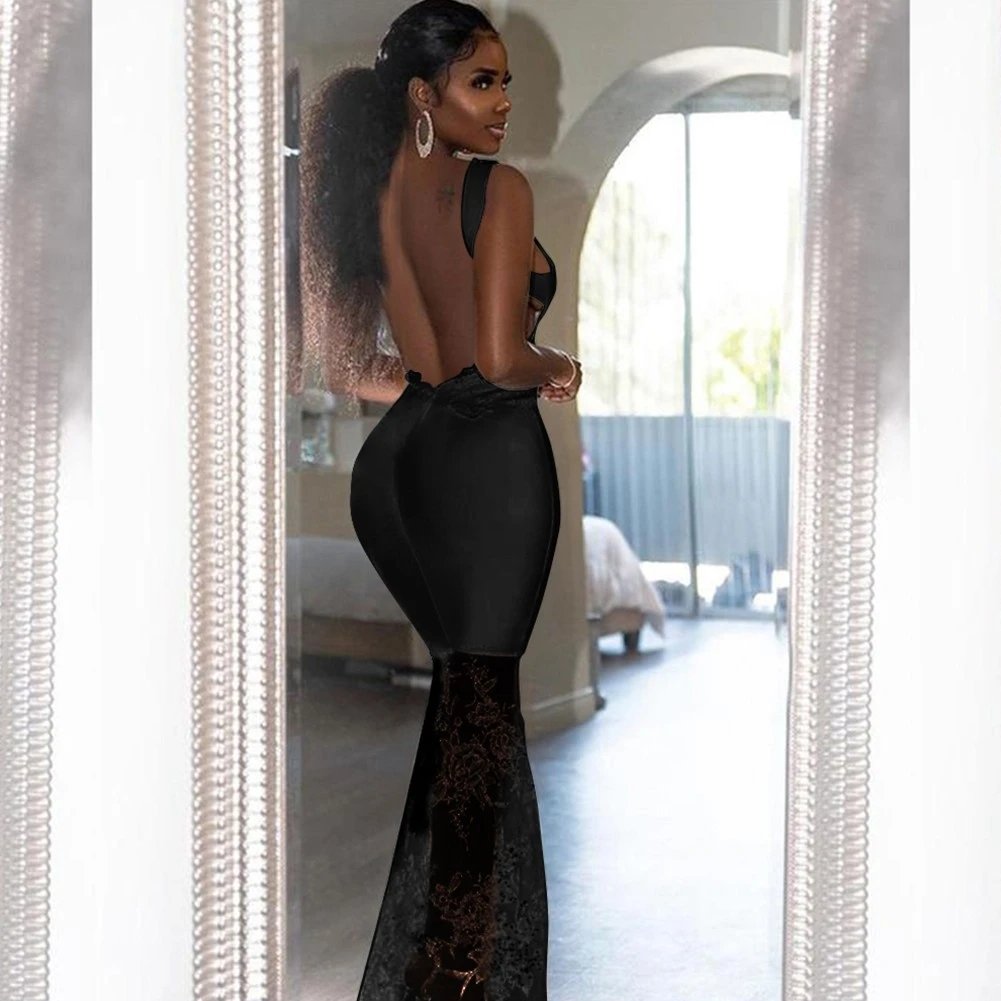 2021 New stylish Sexy Backless Maxi Long bandaged Dress Bodycon Lace Mesh Flower Sleeveless Wedding Dresses for Ladies