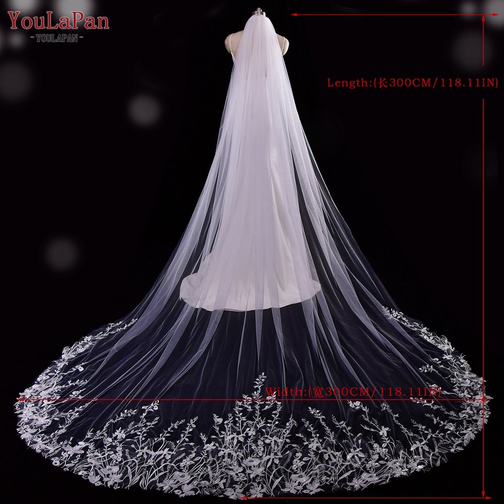 YouLaPan V162 Hand Stitched Floral Long Wedding Dress Accessories Veil Fashionable 3M Cathedral Bridal Embroidery Lace Veil