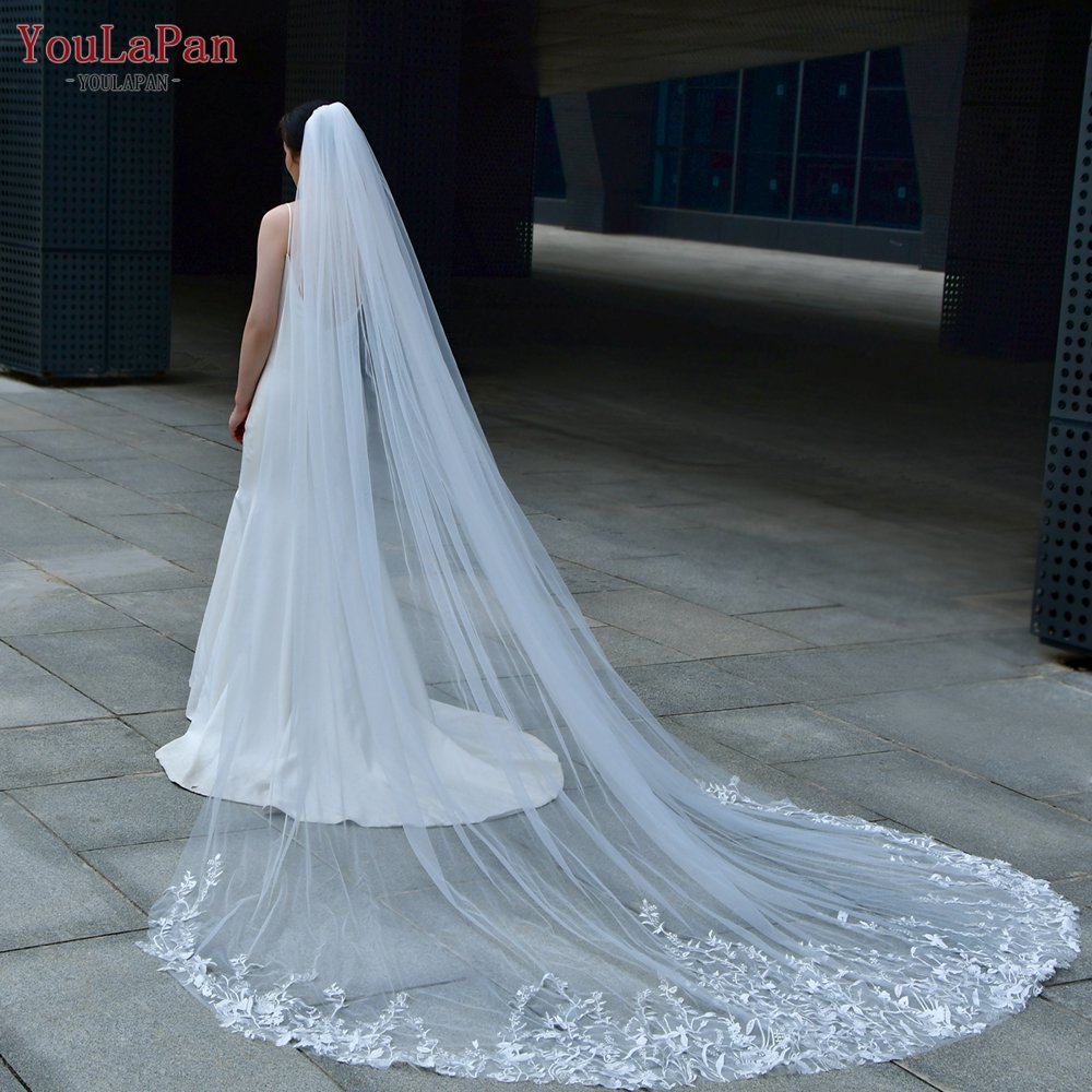 YouLaPan V162 Hand Stitched Floral Long Wedding Dress Accessories Veil Fashionable 3M Cathedral Bridal Embroidery Lace Veil