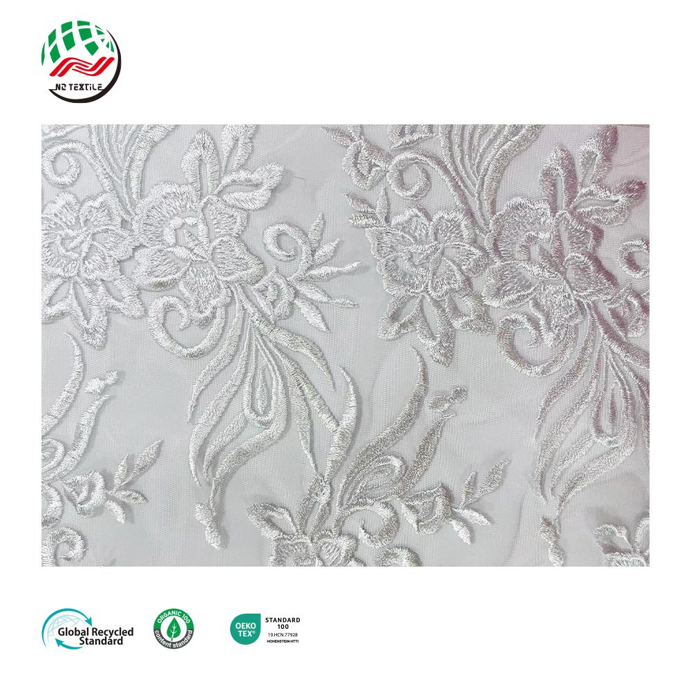 Wholesale Fashion Breathable 100% Polyester 132gsm Floral Eyelet Tulle Mesh Embroidery Lace Fabric for Ladies Dress Clothes