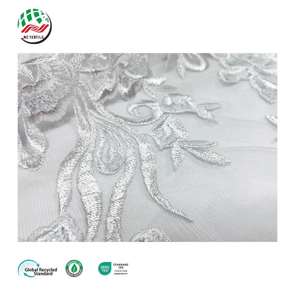 Wholesale Fashion Breathable 100% Polyester 132gsm Floral Eyelet Tulle Mesh Embroidery Lace Fabric for Ladies Dress Clothes