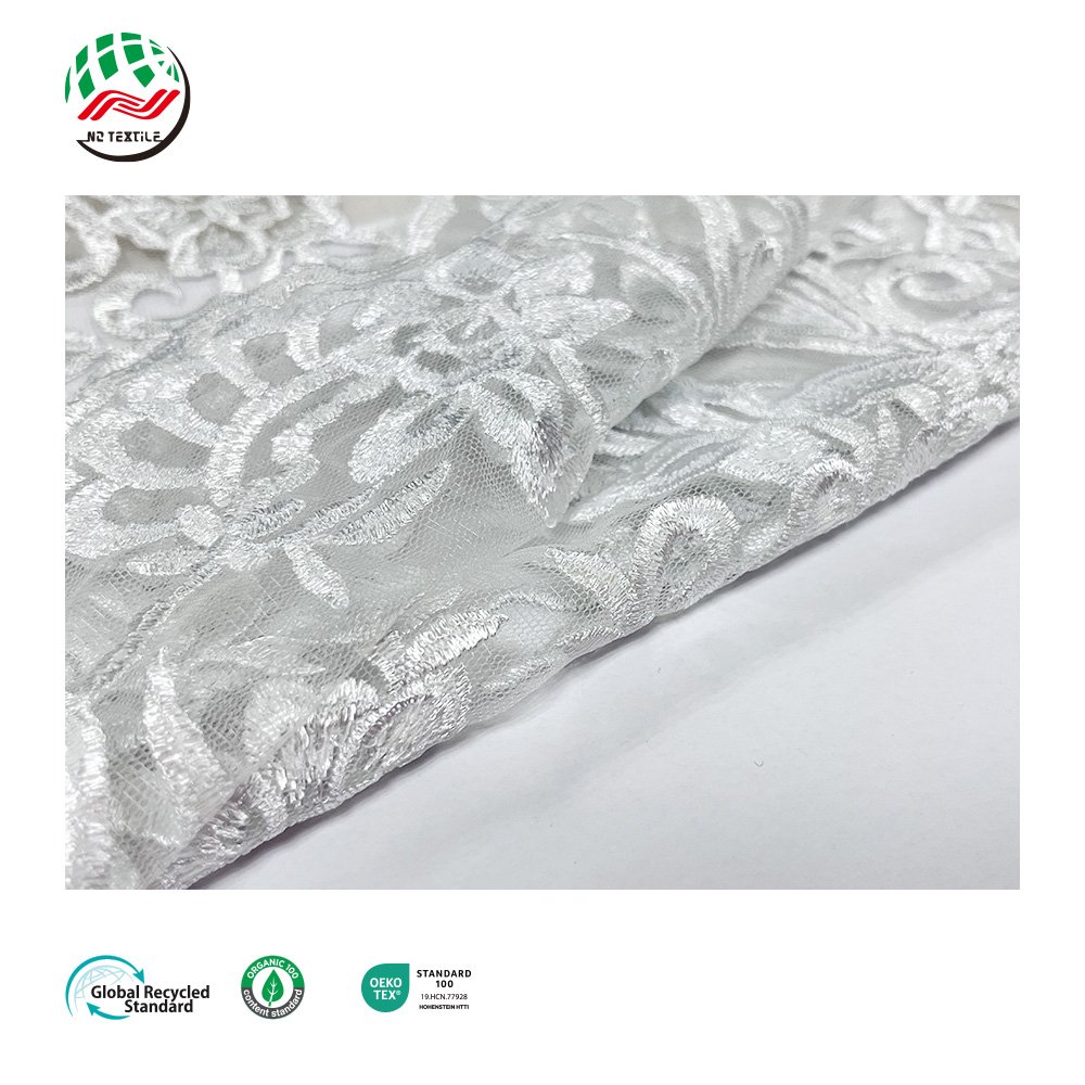 Wholesale Fashion Breathable 100% Polyester 132gsm Floral Eyelet Tulle Mesh Embroidery Lace Fabric for Ladies Dress Clothes
