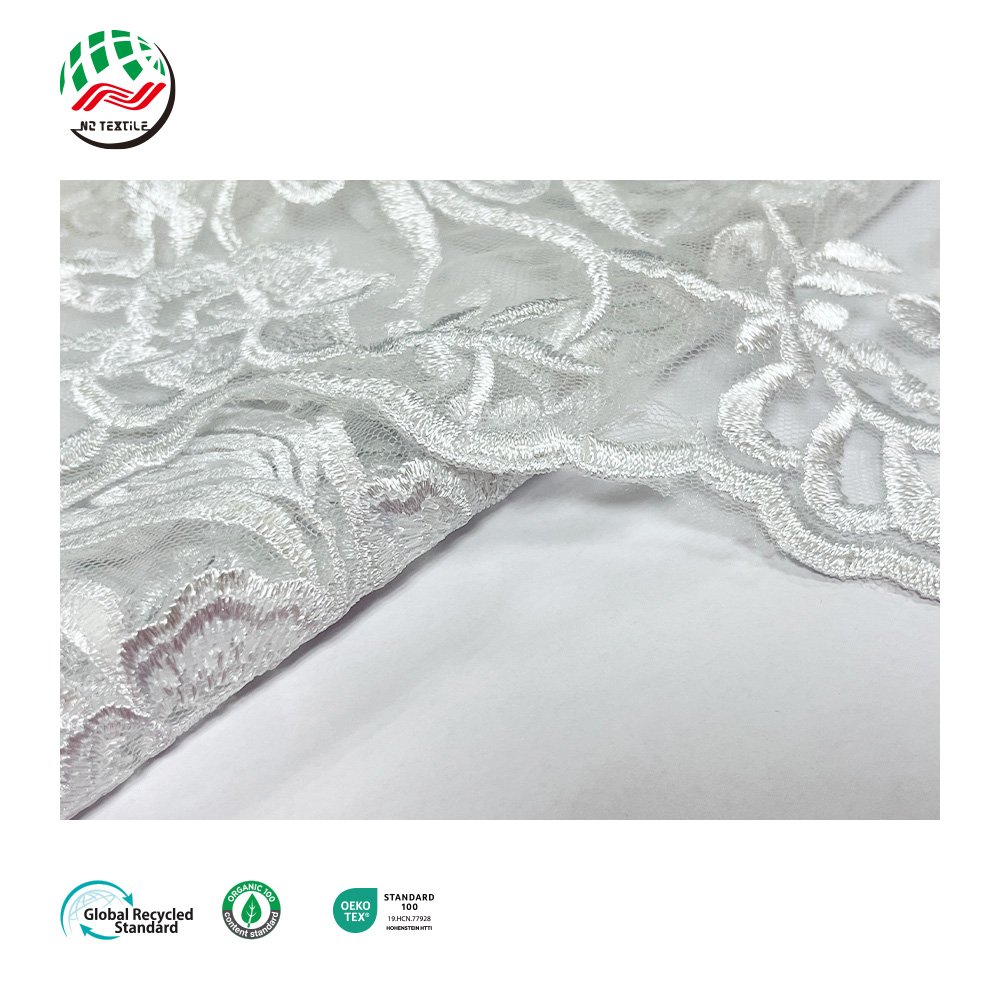 Wholesale Fashion Breathable 100% Polyester 132gsm Floral Eyelet Tulle Mesh Embroidery Lace Fabric for Ladies Dress Clothes