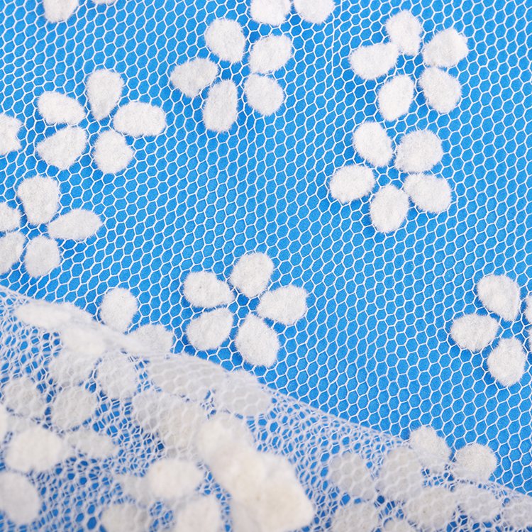100% Polyester Tulle Fabric White Velvet Floret Flocked Tulle Lace Embroidery Fabric Decoration