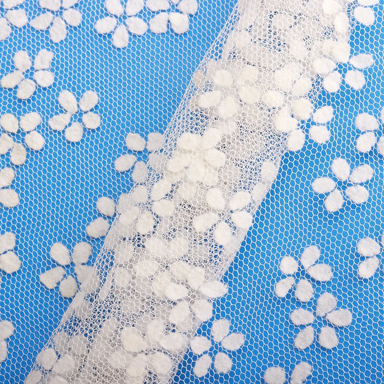 100% Polyester Tulle Fabric White Velvet Floret Flocked Tulle Lace Embroidery Fabric Decoration