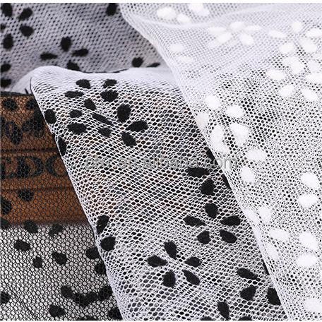 100% Polyester Tulle Fabric White Velvet Floret Flocked Tulle Lace Embroidery Fabric Decoration