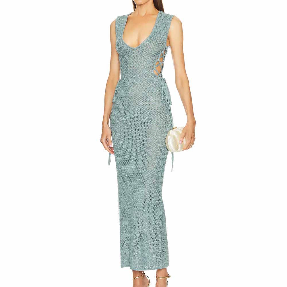 Knitwear Manufacturer Custom Spring Summer Autumn Winter v neck rib elegant sexy hollow out sweater knit dresses