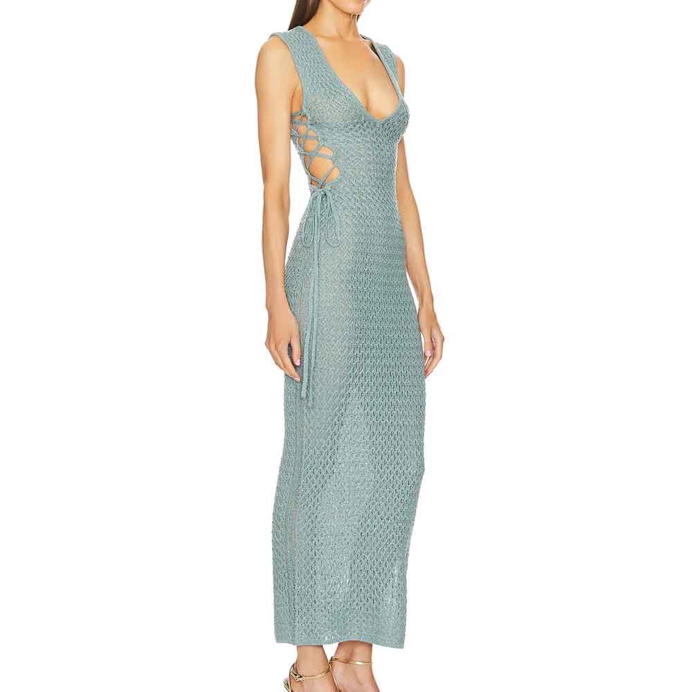 Knitwear Manufacturer Custom Spring Summer Autumn Winter v neck rib elegant sexy hollow out sweater knit dresses