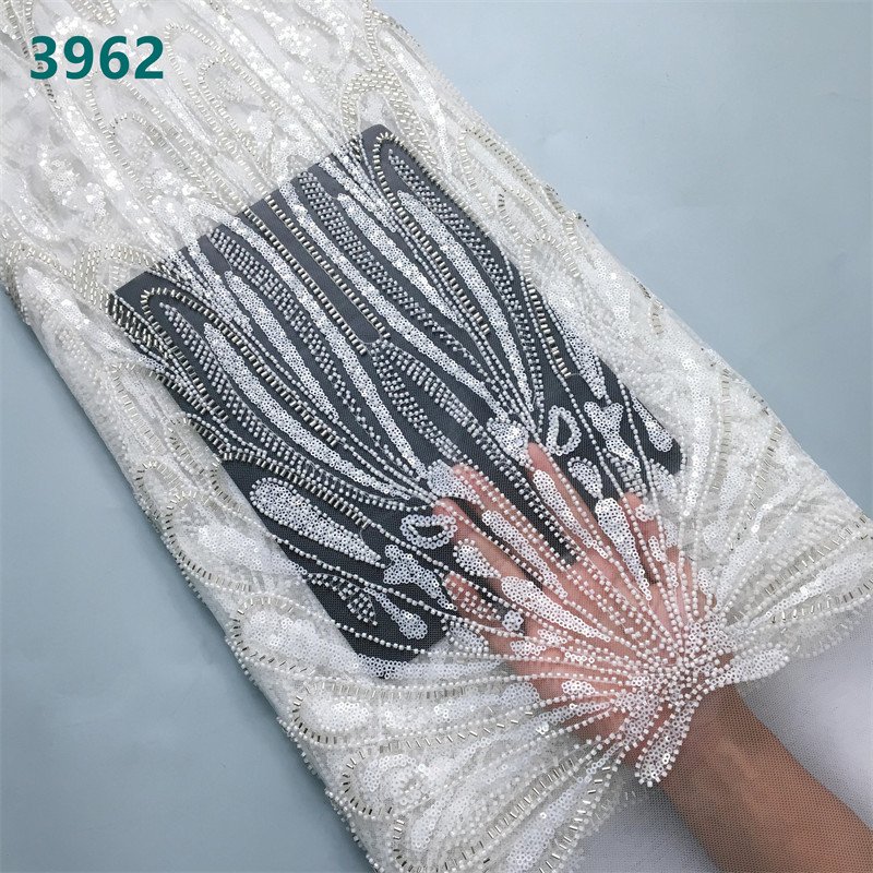 Pink Beaded African Mesh Lace Fabric with Sequins Wholesale Luxurious French Tulle Net Lace for Women Wedding Party Dresses 3962