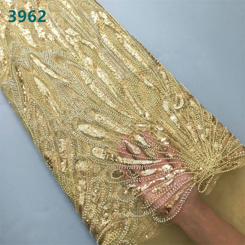 Pink Beaded African Mesh Lace Fabric with Sequins Wholesale Luxurious French Tulle Net Lace for Women Wedding Party Dresses 3962