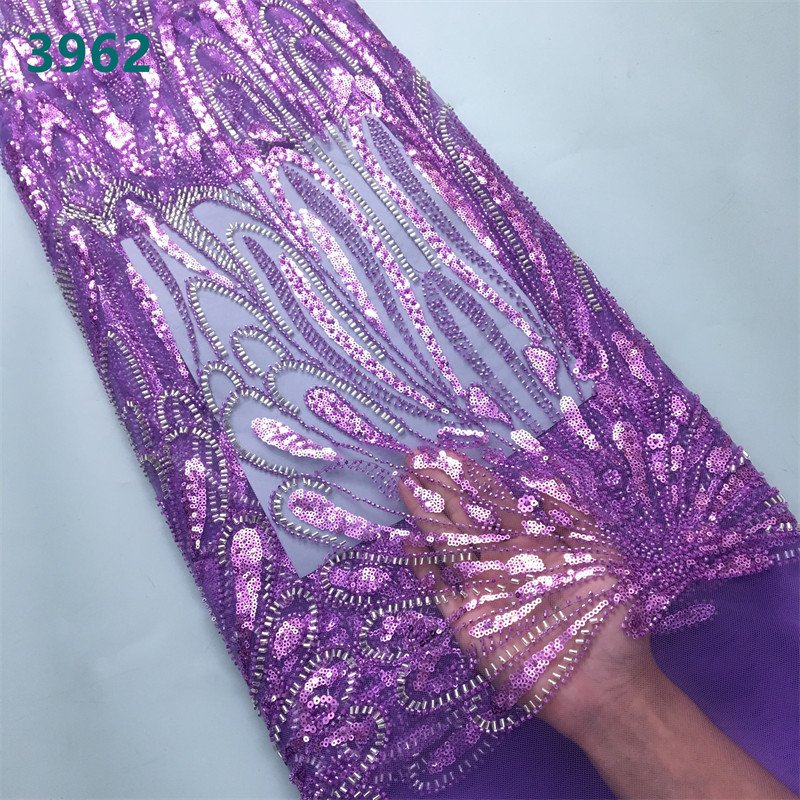 Pink Beaded African Mesh Lace Fabric with Sequins Wholesale Luxurious French Tulle Net Lace for Women Wedding Party Dresses 3962