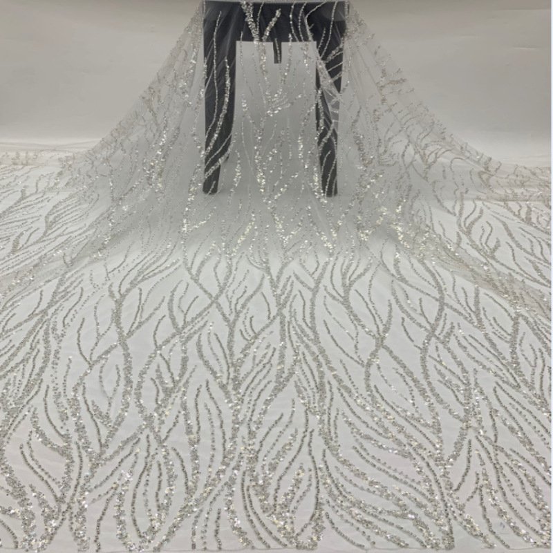 Width 125 cm gold sparkly branches sequins Embroidery beads Mesh Nigerian Fabric heavy tulle Lace Fabric for wedding Dress