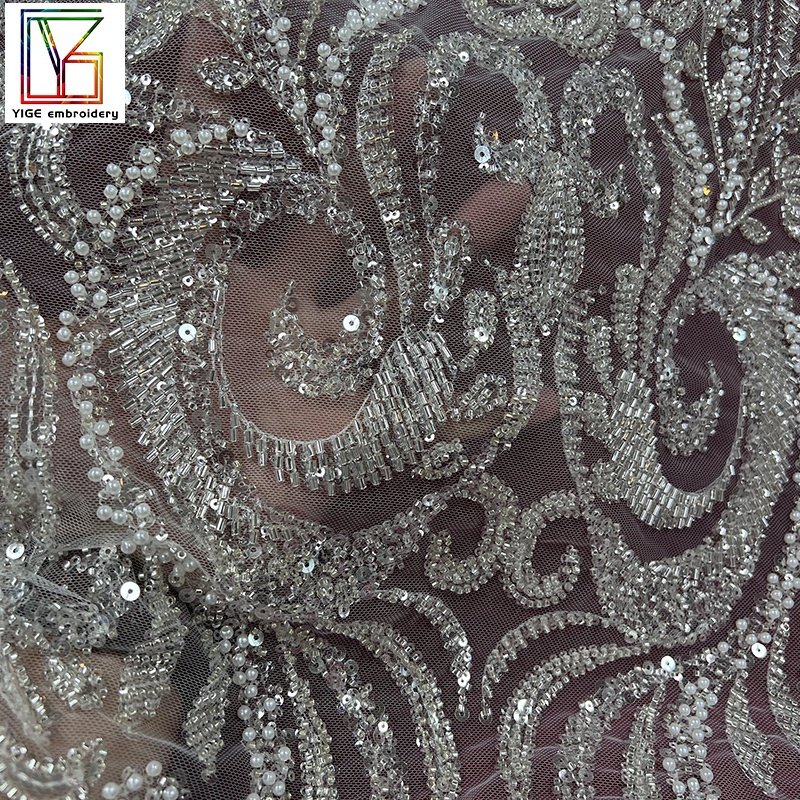 Latest Luxurious And Sequins Laces Fabrics Women Pearls Sequin Lace Embroidered Pearl 100%Polyester Tulle Beaded Fabric