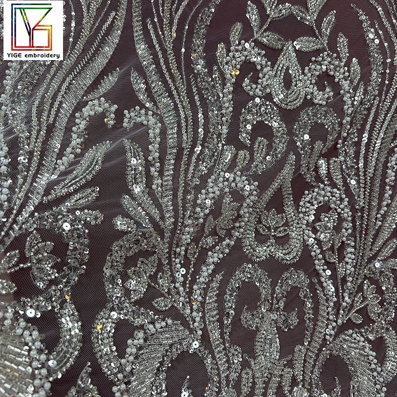 Latest Luxurious And Sequins Laces Fabrics Women Pearls Sequin Lace Embroidered Pearl 100%Polyester Tulle Beaded Fabric