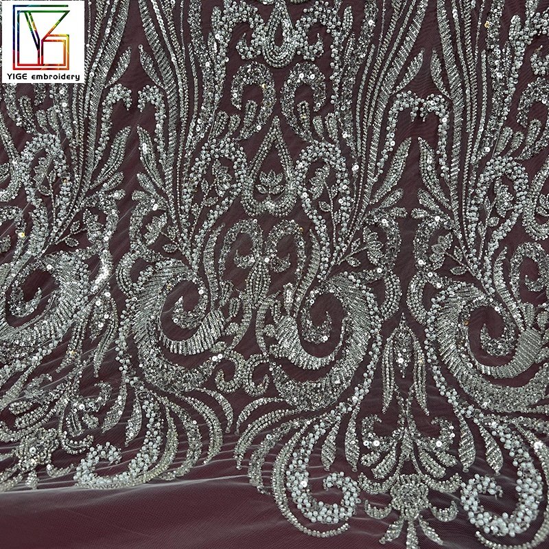 Latest Luxurious And Sequins Laces Fabrics Women Pearls Sequin Lace Embroidered Pearl 100%Polyester Tulle Beaded Fabric