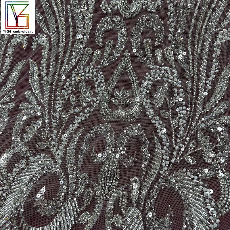 Latest Luxurious And Sequins Laces Fabrics Women Pearls Sequin Lace Embroidered Pearl 100%Polyester Tulle Beaded Fabric