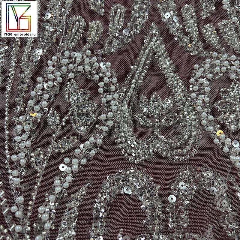 Latest Luxurious And Sequins Laces Fabrics Women Pearls Sequin Lace Embroidered Pearl 100%Polyester Tulle Beaded Fabric