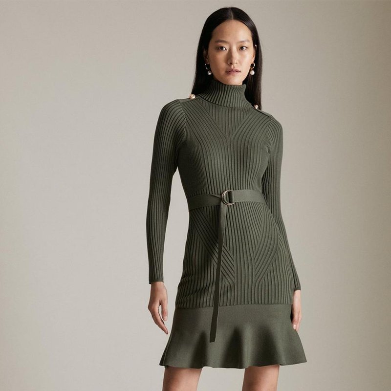 OEM/ODM Solid Color Dress Turtleneck Knitted Dress Rib Knitted Belted Flippy Dress