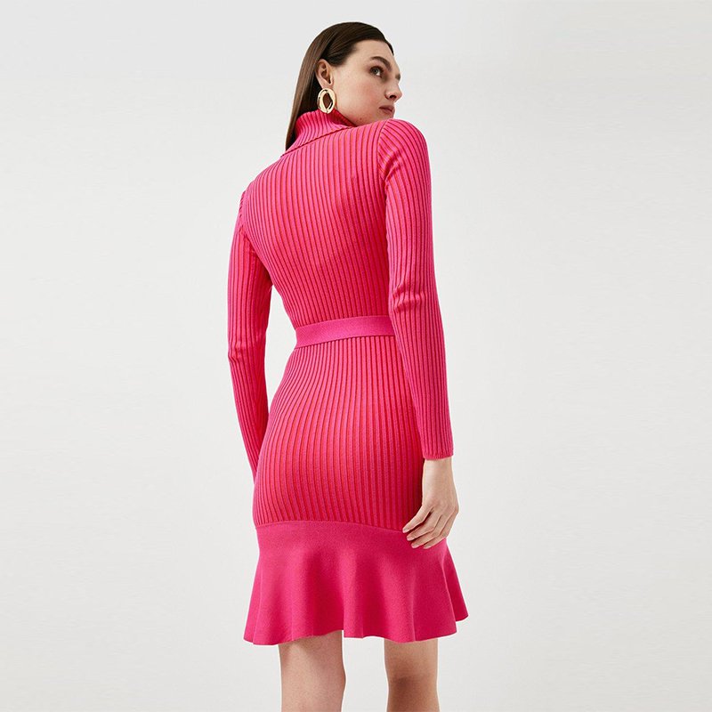 OEM/ODM Solid Color Dress Turtleneck Knitted Dress Rib Knitted Belted Flippy Dress