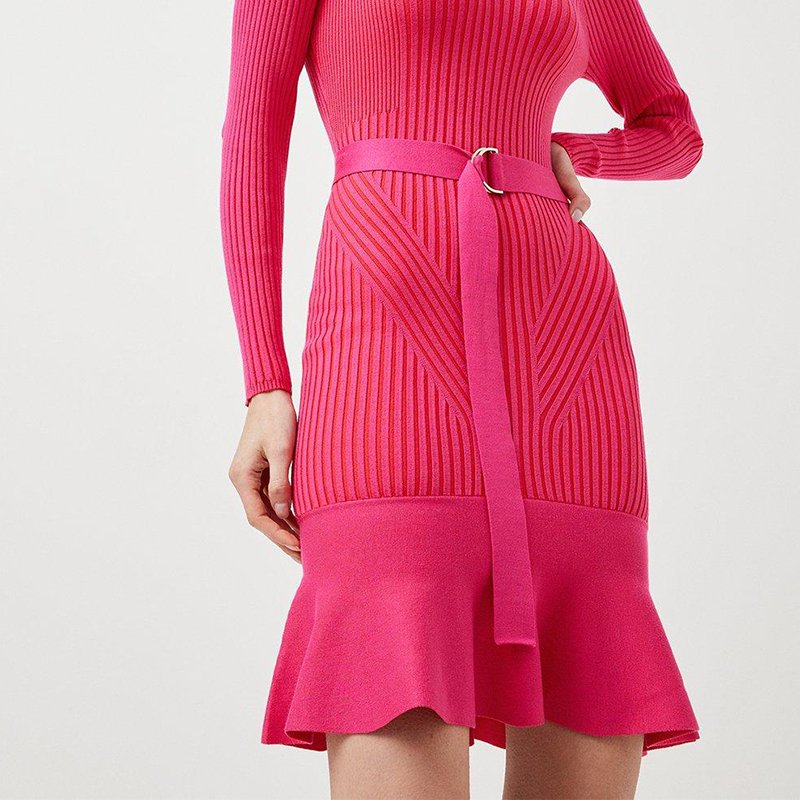 OEM/ODM Solid Color Dress Turtleneck Knitted Dress Rib Knitted Belted Flippy Dress