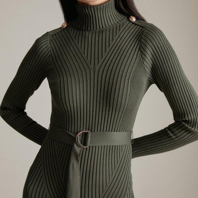 OEM/ODM Solid Color Dress Turtleneck Knitted Dress Rib Knitted Belted Flippy Dress