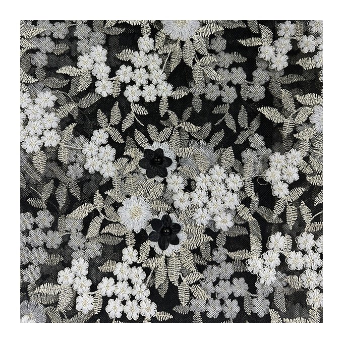 Elegant 100% Polyester Oem wholesale price lace fabric black embroidery beads mesh fabric for lady dress
