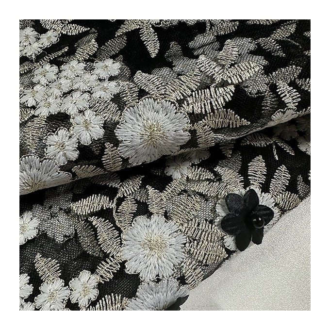 Elegant 100% Polyester Oem wholesale price lace fabric black embroidery beads mesh fabric for lady dress