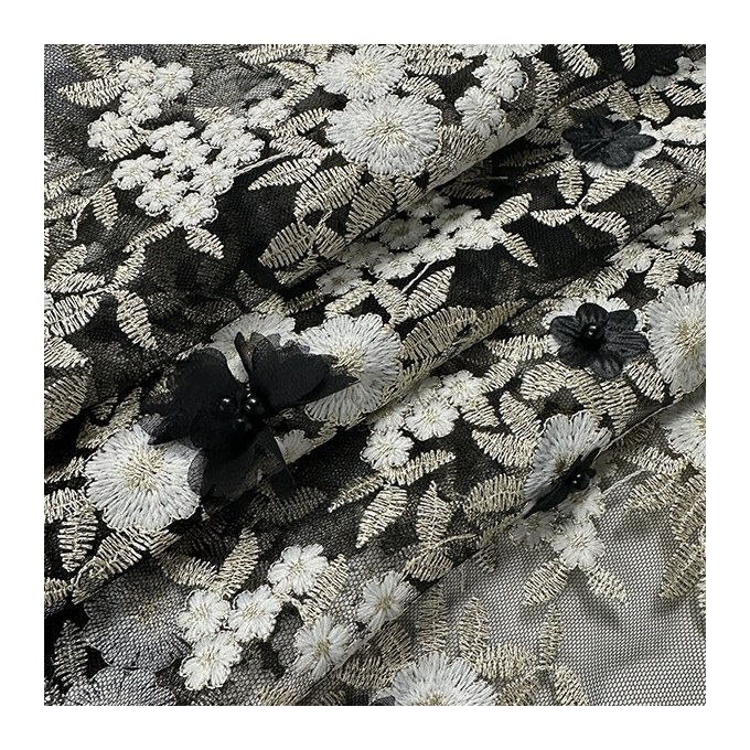 Elegant 100% Polyester Oem wholesale price lace fabric black embroidery beads mesh fabric for lady dress