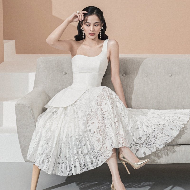 Taikaixing Two Piece Set Women Clothing Plus Size One Shoulder Ruffle Top Lace Pleated Dress