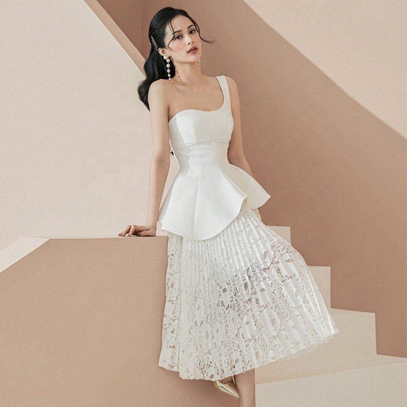 Taikaixing Two Piece Set Women Clothing Plus Size One Shoulder Ruffle Top Lace Pleated Dress