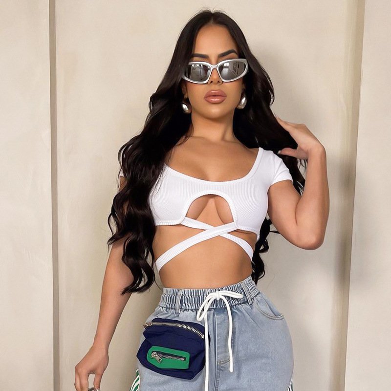 2024 Summer New Open Navel Pit Rib Sexy Short Sleeve Ultra Short Tie Up T-shirt Top