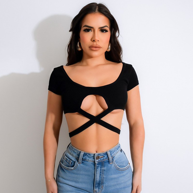 2024 Summer New Open Navel Pit Rib Sexy Short Sleeve Ultra Short Tie Up T-shirt Top