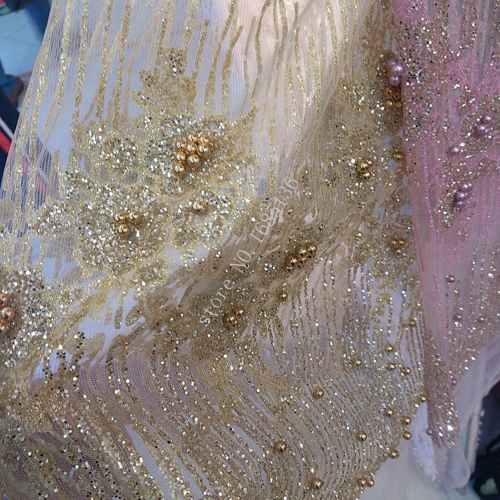 2022 Latest French Lace Embroidery 3 Colors Luxury Africa Craft Wedding Dress Pearls Sequin Beaded Lace Fabric