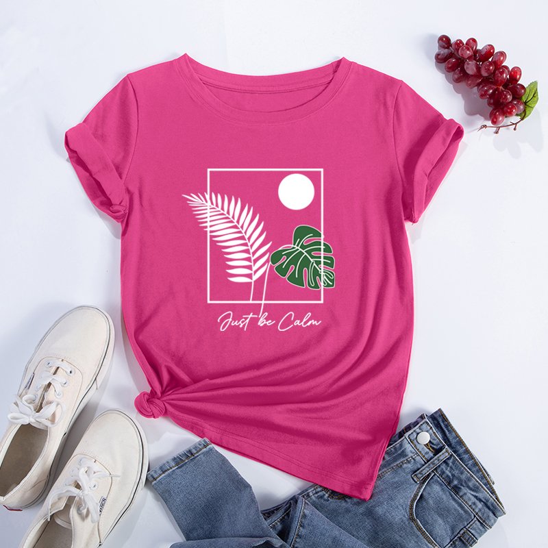 Monstera deliciosa letter print graphic t shirts ribbed collar blank t-shirts in bulk cotton feel sublimation women's t-shirts