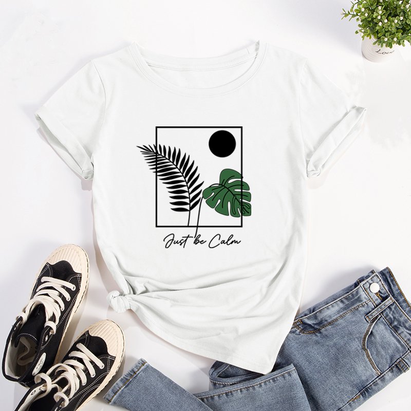 Monstera deliciosa letter print graphic t shirts ribbed collar blank t-shirts in bulk cotton feel sublimation women's t-shirts