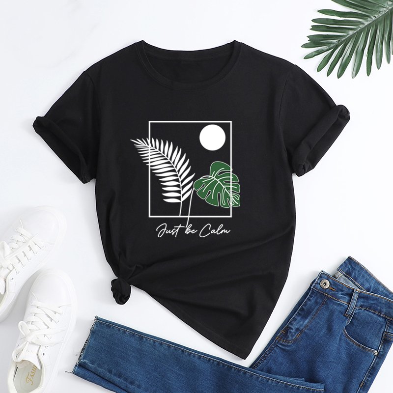 Monstera deliciosa letter print graphic t shirts ribbed collar blank t-shirts in bulk cotton feel sublimation women's t-shirts