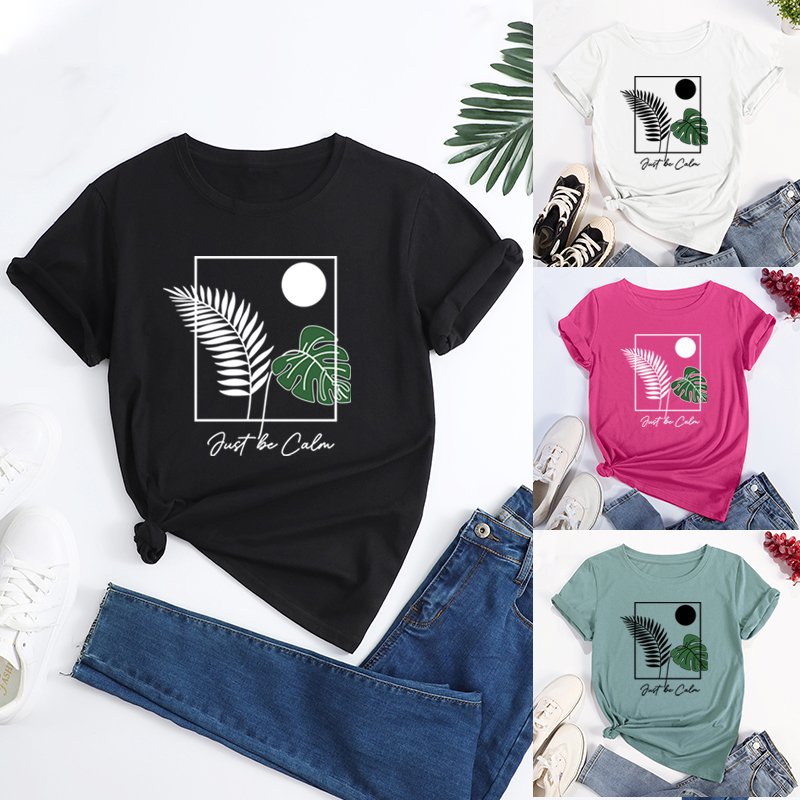 Monstera deliciosa letter print graphic t shirts ribbed collar blank t-shirts in bulk cotton feel sublimation women's t-shirts