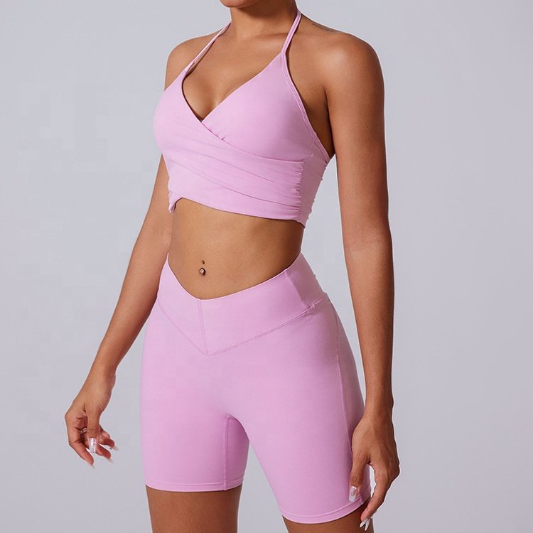 Cross V Belt PantsSolid Color Workout Knitted Seamless Ribbed Cross V Belt Pants Yoga Set Custom Gym Clothing For Women