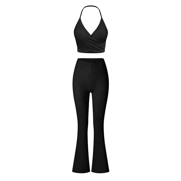 Cross V Belt PantsSolid Color Workout Knitted Seamless Ribbed Cross V Belt Pants Yoga Set Custom Gym Clothing For Women