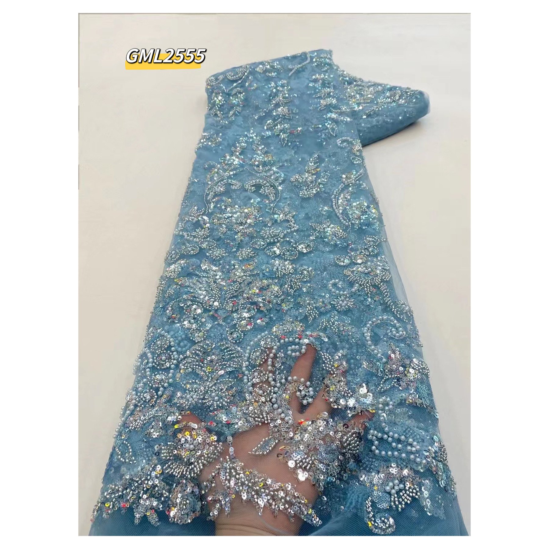 2023 Latest Sky blue African Sequence French Lace Fabric embroidery beading Nigerian Lace Fabric with beads For Wedding Dresses