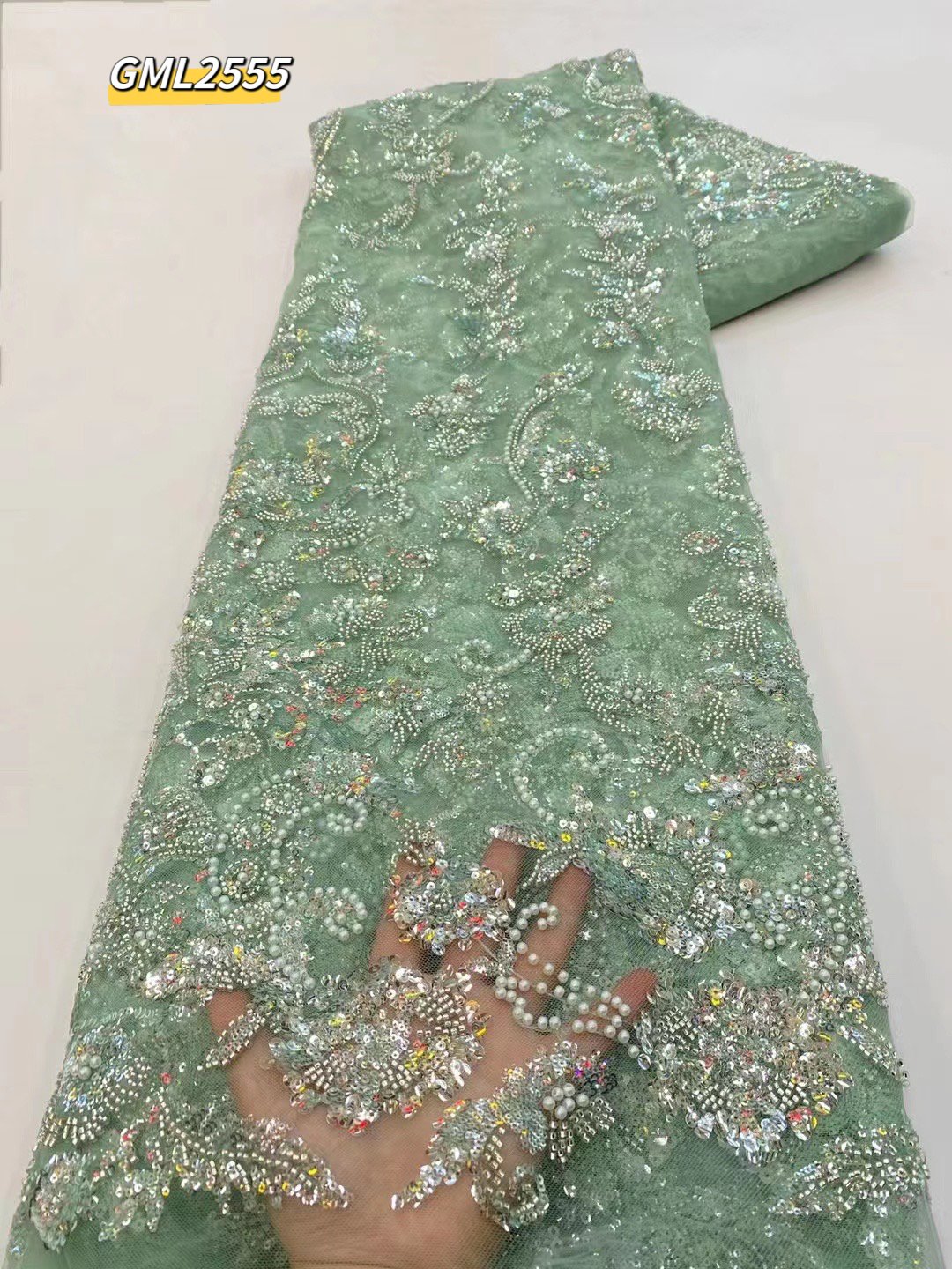 2023 Latest Sky blue African Sequence French Lace Fabric embroidery beading Nigerian Lace Fabric with beads For Wedding Dresses