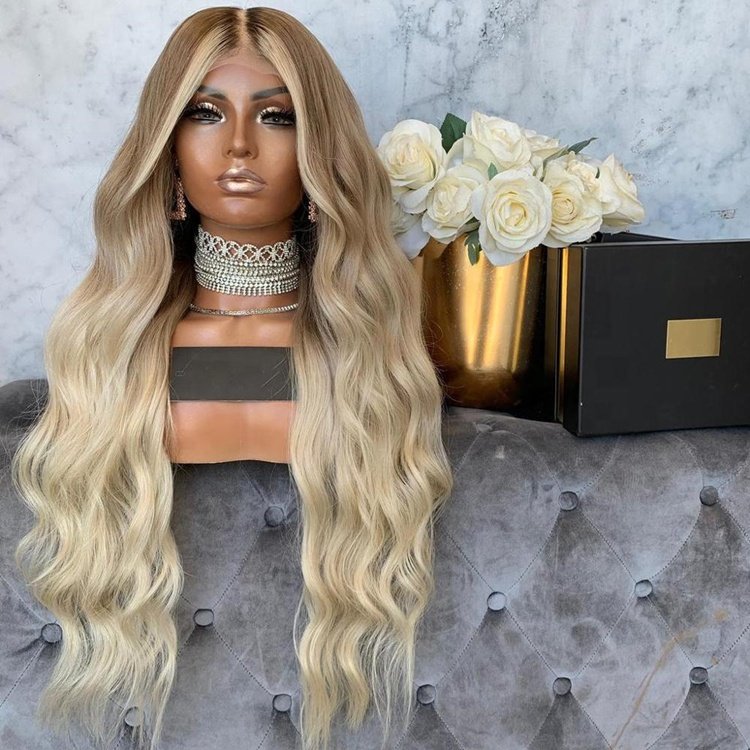 Double Drawn HD Lace Ombre Ash Blonde Color Water Wave European Cuticle Aligned Hair Lace Front Wigs