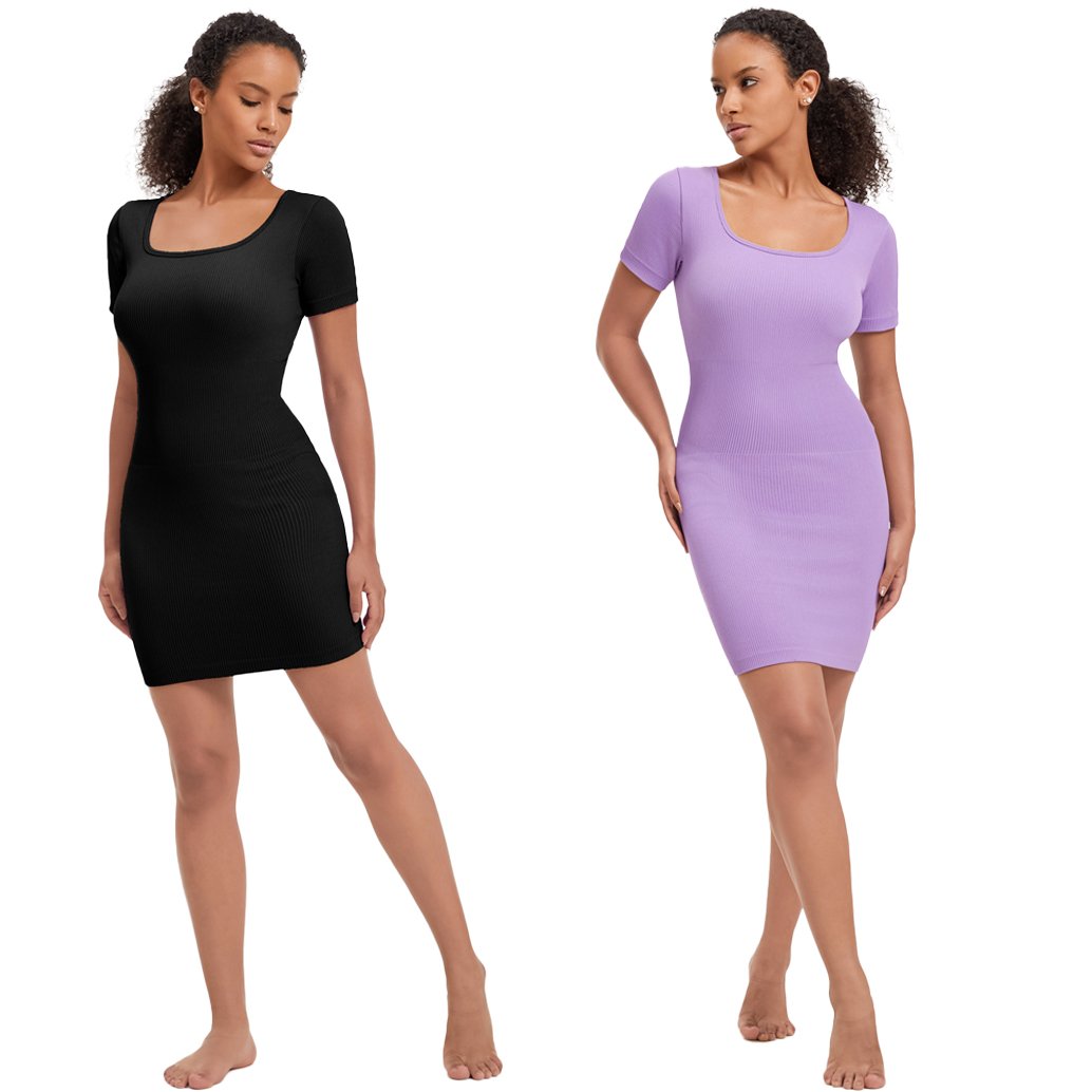 Custom High Elastic Women's Bodysuit Fashion Comfort Short Sleeve Square Neck Ribbed Slimming Shapewear Seamless Dress